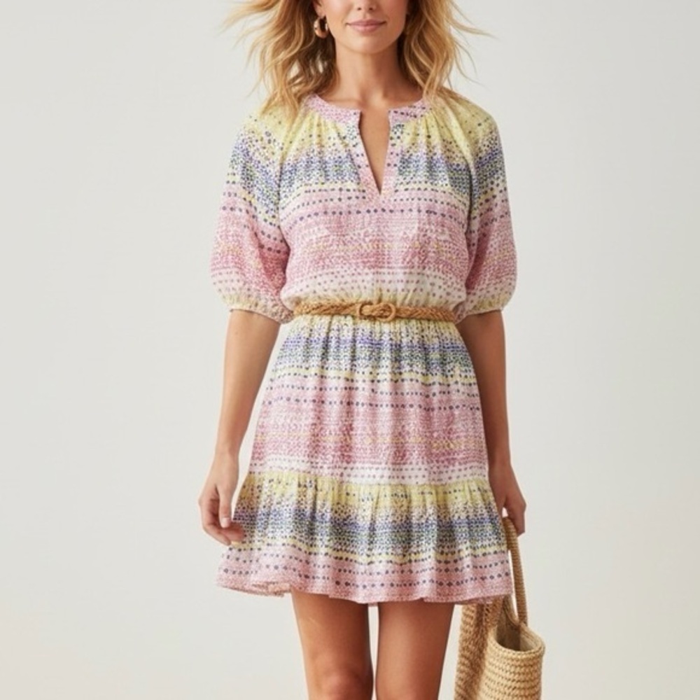 WILLA STORY Rachel Mini Dress Pixel‎ Print Cotton Puff Sleeve
